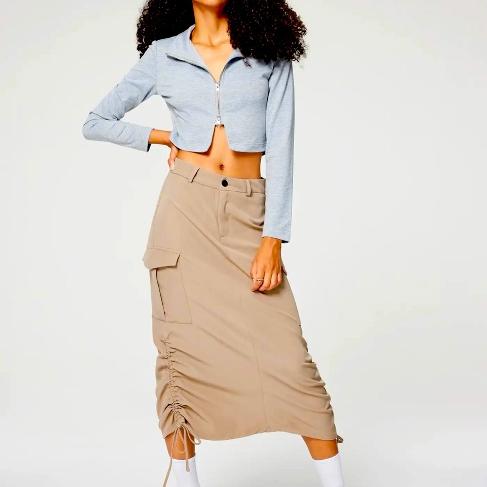 Cider Beige Midi Skirt cargo with Pocket and Drawstring - Picture 1 of 11